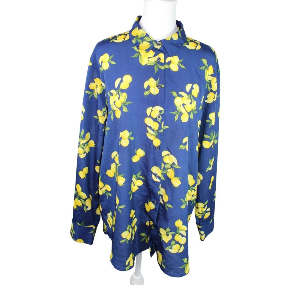 Banana Republic Button Up Long Sleeve Blouse Navy Blue Lemon All over Print XL